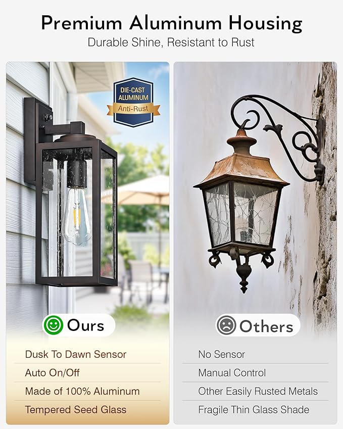 VIANIS 14.5" Outdoor Light Fixture, Oil Rubbed Bronze Dusk to Dawn Outdoor Lighting, Porch Lights with Tempered Seed Glass, Outside Lights for House, Porch, Waterproof Anti-Rust, 2 Pack