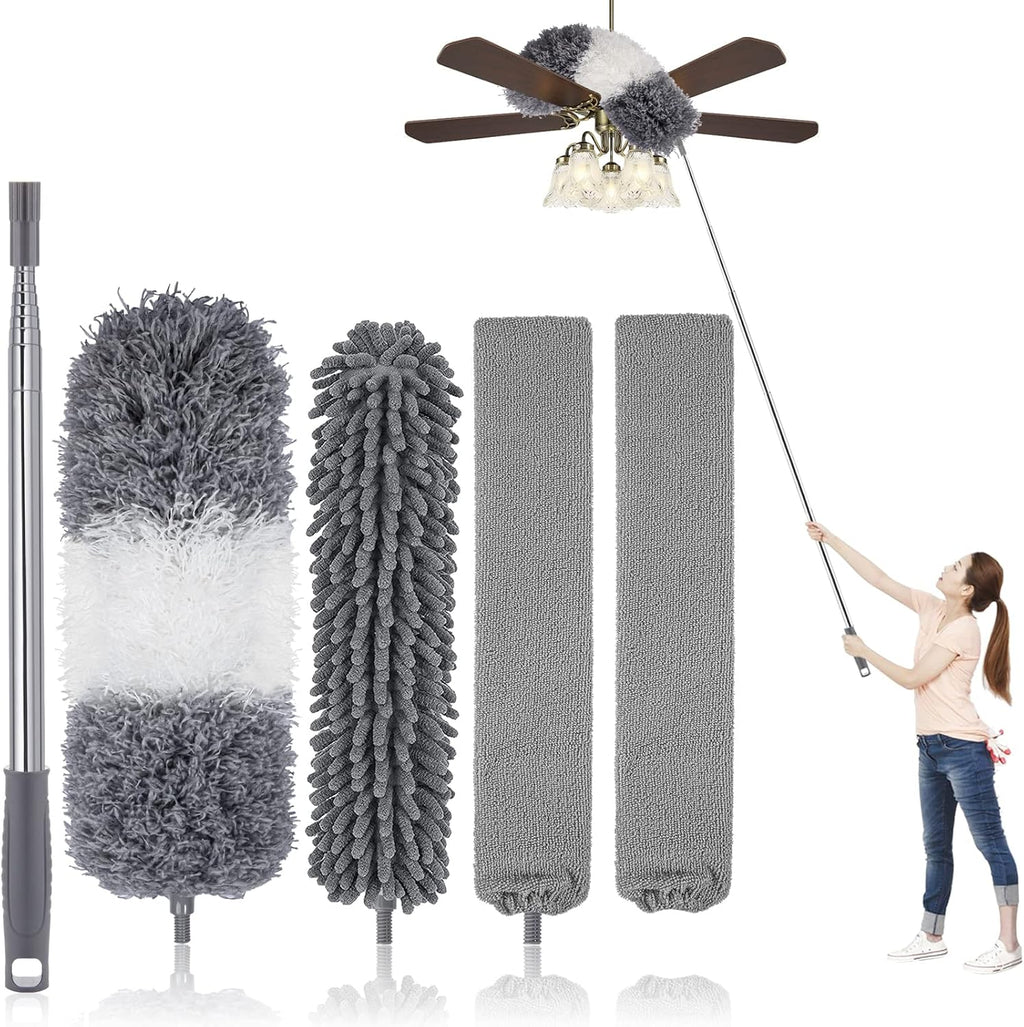 Microfiber Feather Duster Kit with Extension Pole (30–100") – Bendable Washable Heads, Extendable Dusters for Cleaning Ceiling Fan, High Ceiling, Blinds, Furniture & Cars (5 Pcs)