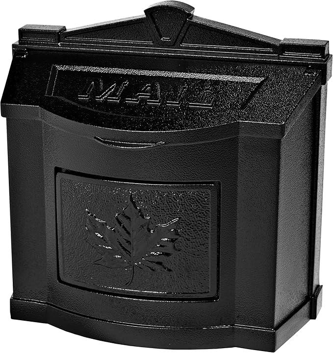 Gaines Wallmount Mailbox - Powder Coated Aluminum with Solid Brass Accents - Mounting Hardware Included (Black with Black Leaf)