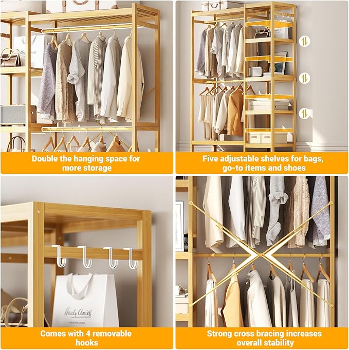 Homykic Bamboo Clothes Rack Garment Rack for Hanging Clothes, Heavy Duty Clothing Rack with 7 Tiers Adjustable Shelves, Double Rods, 4 Hooks, Freestanding Closet System Organizer Wardrobe, Natural
