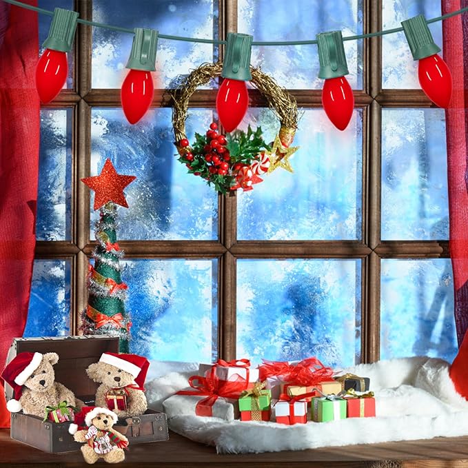 25 Pack C7 Red Ceramic Incandescent Replacement Bulbs, 5W Warm White 2200K, E12 Candelabra Base, Waterproof C7 Night Light Bulbs for Vintage Christmas Lights Outdoor Indoor Home Party Decorations