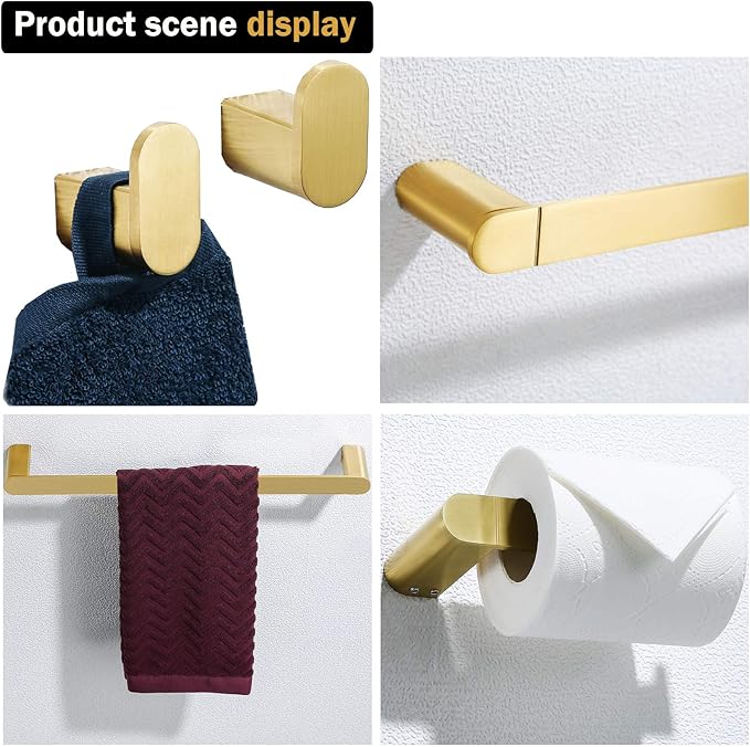 RANDOM Brushed Gold Bathroom Hardware Set Bathroom Towel Holder Set 4 Piece Include 18” Gold Towel Bar Toilet Paper Holder and 2 Towel Hooks Wall Mount Stainless Steel Brushed Gold Towel Bar Set