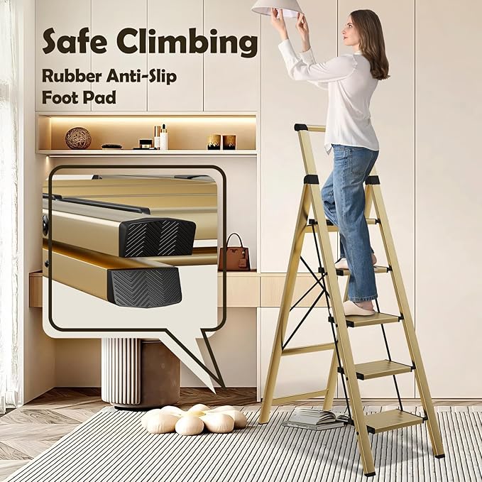 Taranta 5 Step Ladder, Portable Folding Ladder with Wide Pedal, Lightweight Aluminum Step Stool with Convenient Handgrip, 330 lbs Capacity Stepladder for Home, Office - Gold