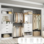 Unikito Closet System with 6 Drawers, 6-14Ft Closet Organizer with Mirror, Walk-in Closet Organizer Wardrobe Clothes Rack with 3 Hanging Rods, Sturdy Wood Clothing Garment Rack with Tower, White
