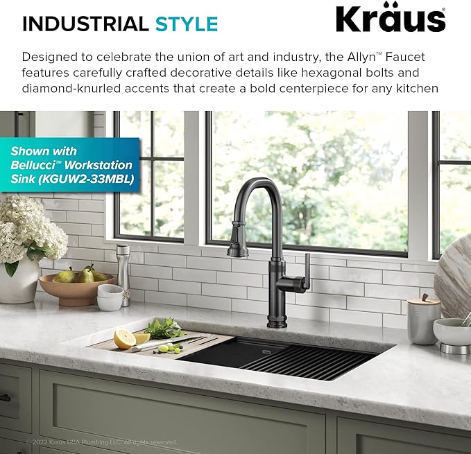 KRAUS Allyn Industrial Pull-Down Single Handle Kitchen Faucet in Spot-Free Black Stainless Steel, KPF-4102SFSB