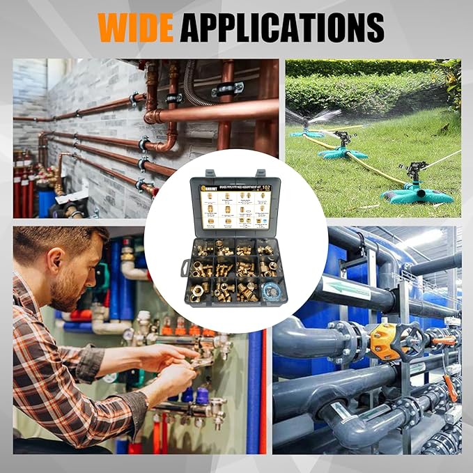 102PCS Brass Pipe Fittings Assortment Kit NPT Adapter, Hex Nipple, Reducer Bushing, Coupling, Reducer Busing, Close Nipple, Hex Head Plug, BulkHead Nut & Countersunk Plug NPT Fittings Kits