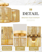 Rattan Light Fixtures Ceiling Mount, 4-Light 14" Boho Semi Flush Mount Ceiling Light with Hand-Woven Shade in Quatrefoil Shape for Kitchen Nursery Bedroom Hallway, Gold, AD-22007-4SF-RA-GD