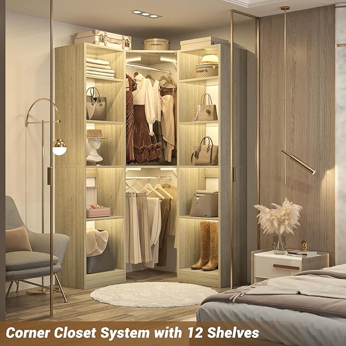 Corner Closet System with 12 Shelves, 39.2" Corner Closet Organizer System with 2 Hanging Rods, Versatile 6-Tier Walk-in Closets for Corner Space, White Oak (39.2" L x 39.2" W x 80" H)