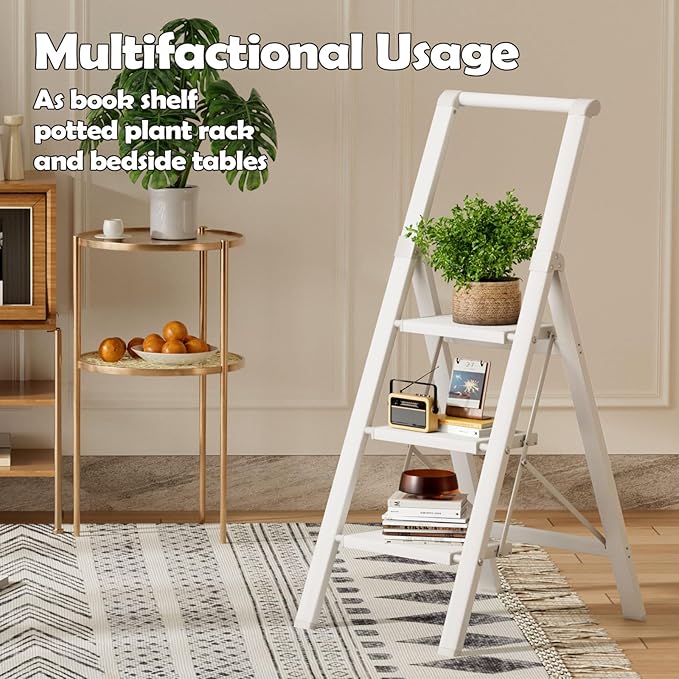 Taranta 3 Step Ladder, Portable Folding Ladder with Wide Pedal, Lightweight Aluminum Step Stool with Convenient Handgrip, 330 lbs Capacity Stepladder for Home, Office - White