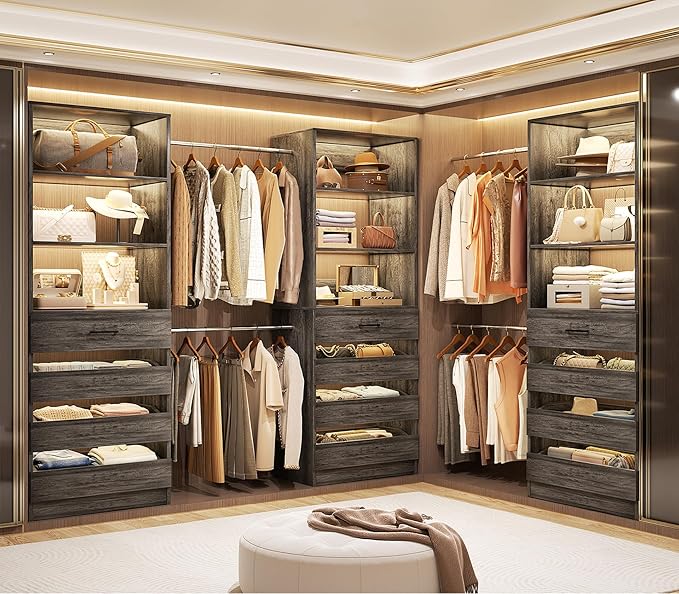 Aheaplus Closet System with 12 Drawers, 8.5-11.5Ft Wood Closet Organizer System with 4 Hang Rods & 3 Towers, 4Ft & 6Ft L-Shaped Walk-in Closets Wardrobe Organizer Clothes Rack, Set of 3, Black Oak1