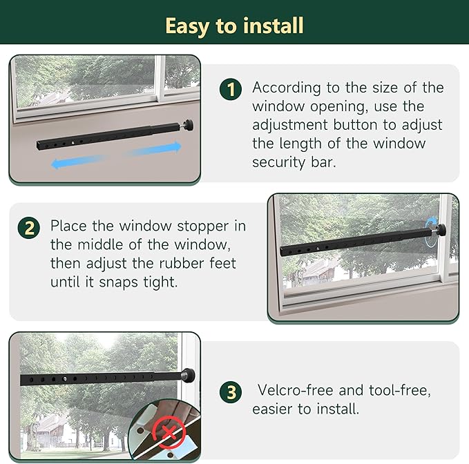 Adjustable Window Security Bars Vertical, Heavy Duty Sliding Patio Glass Door Lock Bar with Rubber Feet, 17-33 inch Window Safety Stopper for Up and Down Windows -Black 2 PCS Patented