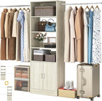 8FT Closet System, 96 Inch Closet Organizer System with Hanging Rods, Heavy Duty Clothing Rack with Cabinet, Walk In Mounted Closet System, Built-In Clothes Garment Rack, Oak