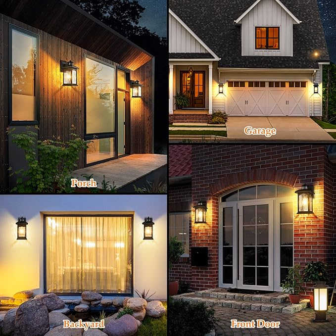 Motion Sensor Outdoor Wall Lantern, Updated Dusk to Dawn Outdoor Lighting, Exterior Light Fixtures, Black Porch Lights & Outside Wall Sconces with Water Rippled Glass for Patio Garage Entryway House