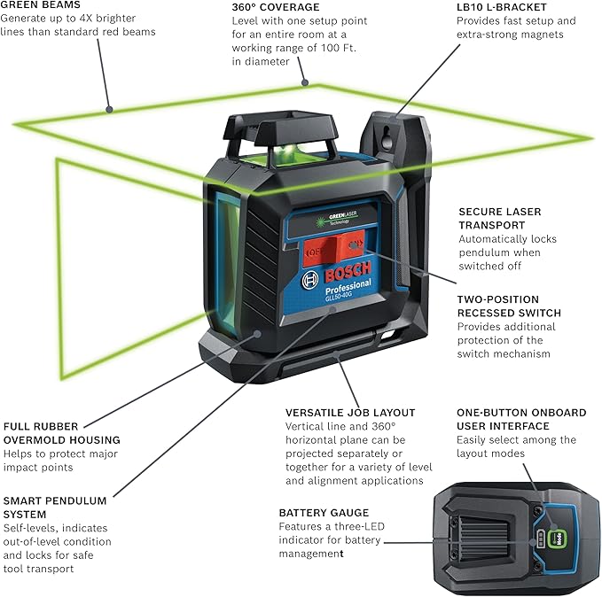 BOSCH GLL50-40G Green-Beam Self-Leveling 360 Degree Cross-Line Laser, Includes 4 AA Batteries, L-Bracket, Ceiling Clip, & Hard Carrying Case