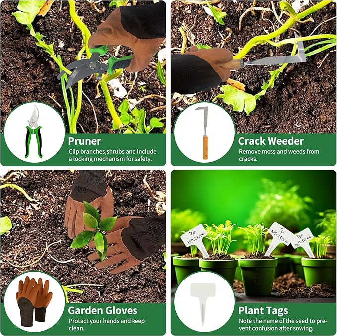 Gardening Tools 20-Piece Heavy Duty Garden Hand Tools Stainless Steel Ergonomic Rust-Proof Garden Tool Set - with Fashion and Durable Garden Tools Storage Bag - Ideal Gardening Gifts for Women