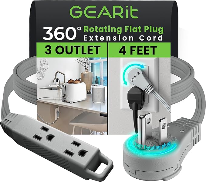 GEARit 360 Rotating Flat Plug Short Extension Cord with 3 Outlets (4ft, Gray) 16AWG/13A 3 Prong Wire, Outlet Saver for Home Office Dorm Room Essentials, ETL Certified