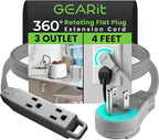GEARit 360 Rotating Flat Plug Short Extension Cord with 3 Outlets (4ft, Gray) 16AWG/13A 3 Prong Wire, Outlet Saver for Home Office Dorm Room Essentials, ETL Certified