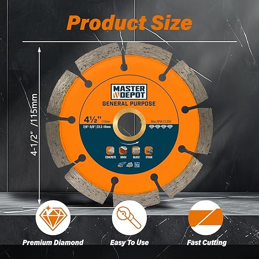 4-1/2" Diamond Saw Blade, Segmented Rim, Dry/Wet Cutting, for Cutting Concrete, Paver, Masonry, Terrazzo, Stone, Granite, Block, 7/8"-5/8” Arbor for Angle Grinder & Handheld Gas Saw (3 Pack)