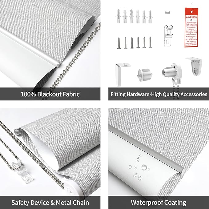 ALLBRIGHT 100% Blackout Roller Blinds Woven Shades with Striped Jacquard, Cordless Window Shades, UV Protection Fabric, Easy-Install for Indoor Home & Office, Grey Old, 25" W x 72" H