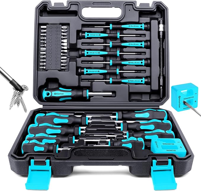 Magnetic Screwdrivers Set with Case, Amartisan 43-piece Includs Slotted, Phillips, Hex, Pozidriv,Torx and Precision Screwdriver Set, Magnetizer Demagnetizer Tools, Tools for Men (Blue))