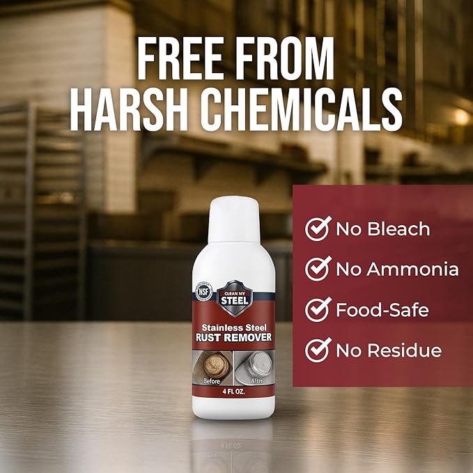 Stainless Steel Rust Remover and Stain Cleaner | NSF Approved | Non-Toxic & Food Safe | Quickly Cleans Commercial Equipment, Appliances, Grills, Sinks, and Tools – 4 oz