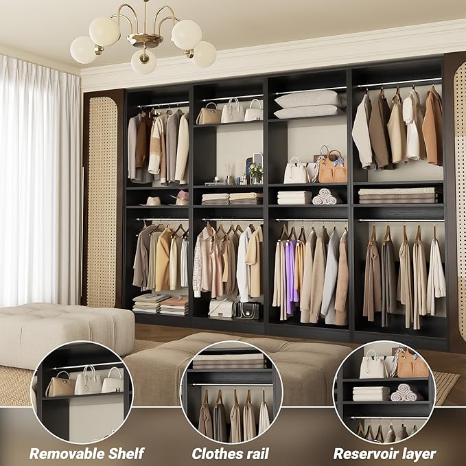 Unikito 100 Inch Large Closet System, 8.3FT Wood Closet Organizer Kit with 8 Hanging Rods, Adjustable Walk in Wardrobe Closet Tower, Sturdy Luxury Clothes Garment Rack, Easy Assembly, Set of 4, Black