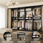 Unikito 100 Inch Large Closet System, 8.3FT Wood Closet Organizer Kit with 8 Hanging Rods, Adjustable Walk in Wardrobe Closet Tower, Sturdy Luxury Clothes Garment Rack, Easy Assembly, Set of 4, Black