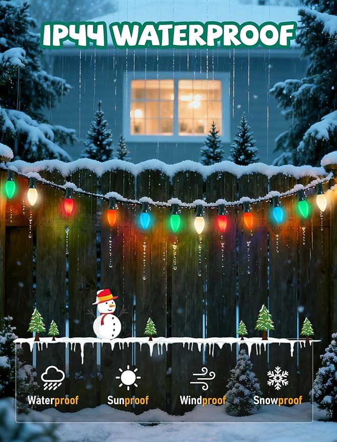 50 Pack C7 Christmas Replacement Bulbs, 5W Incandescent Multicolor Bulbs Waterproof, E12 Night Light Bulbs for Outdoor String Lights, for Porch Patio Garden Decor, Red, Blue, Green, Orange, White