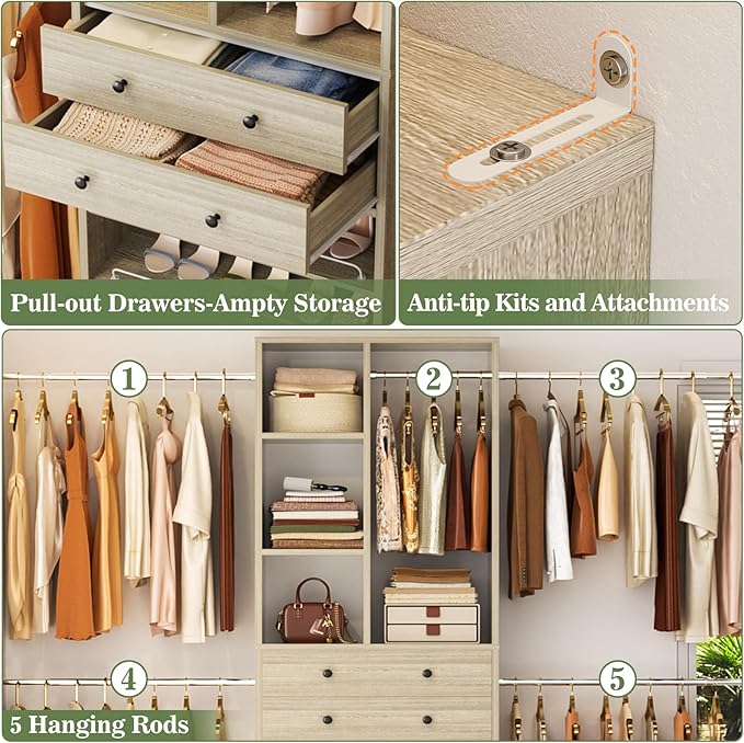 Closet System, 4.2–8.8 FT Closet Organizer with 2 Wooden Drawers and Shelves, Walk-in Closet System with 5 Hang Rods, Built-in Reach in Closet Tower, Can Fit 60 to 96 inch, Greige Oak