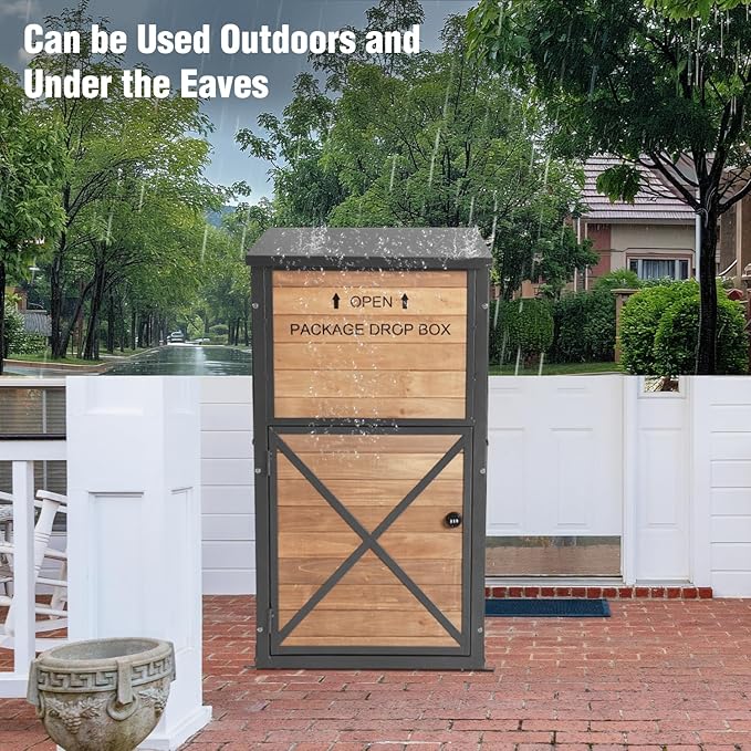 Outdoor Package Delivery Box with Lock - Weatherproof Parcel Drop Boxes for Porch, Anti-Theft Design, Wood-Grain Decorative Mailboxes for Secure Mail & Packages