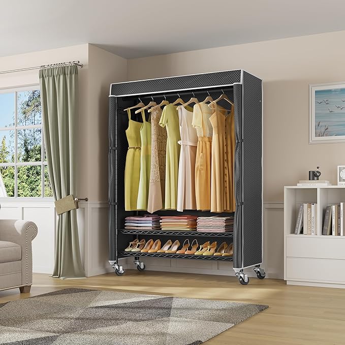 VIPEK R3C Plus Garment Rack - Rolling Clothes Rack with Locking Wheels, Heavy Duty Portable Closet with Adjustable Shelves & Side Hooks, Black