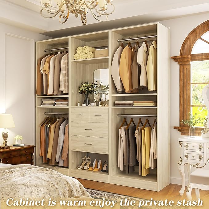 Unikito 75” Closet System with 4 Drawers, 6.3FT Wood Walk in Closet Organizer with Hanging Rods and Mirror, Reversible Large Closet Wardrobe with Shelves, Max Load 2000 LBS, White Oak