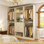 Unikito 75” Closet System with 4 Drawers, 6.3FT Wood Walk in Closet Organizer with Hanging Rods and Mirror, Reversible Large Closet Wardrobe with Shelves, Max Load 2000 LBS, White Oak