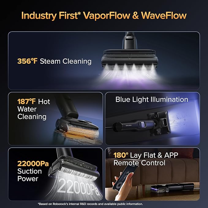 roborock F25 Ultra Steam Wet Dry Vacuum Cleaner, 356°F Steam Mop & 187°F Hot Water Cordless Vacuum Mop All in One, Floor Washer with Blue Light, 194°F Self-Cleaning, 180° Lay-Flat, AI Assitant Wheels