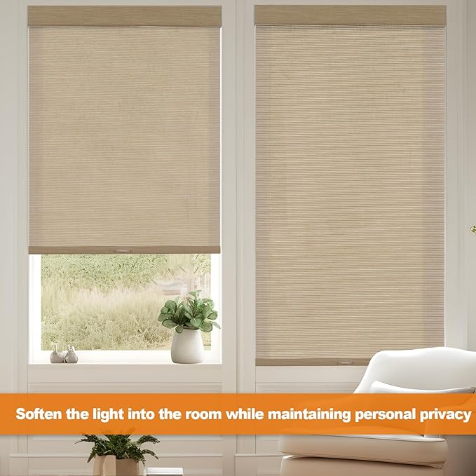 Persilux Light Filtering Cordless Free Stop Roller Blinds Natural Woven Stripes Fabric Thermal Insulation Privacy Roller Shades for Home,Office,Bedroom,Coffee Color(16" W x 36" H)