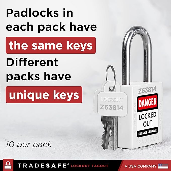TRADESAFE Lockout Tagout Locks Set - 10 White Loto Locks, Keyed Alike Lockout Locks, 2 Keys Per Lock, OSHA Compliant Lock Out Tag Out Padlocks