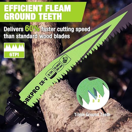 WORKPRO 15" Japanese Teeth Wood Pruning Reciprocating Saw Blades Set, Arc Cutting Edge 6TPI Pruning Saw Blades for Tree Pruning, Wood Cutting, Durable & Sharp, 5 Pack