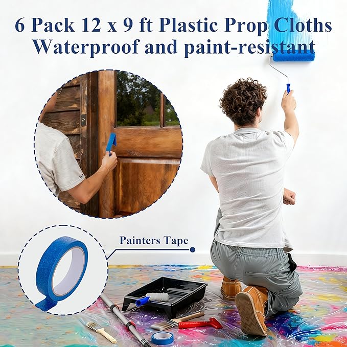 Paint Roller Kit with Extension Pole, 41Pcs Paint Supplies for Painting Walls, 4" & 9" Rollers with Frame, Tray with Liners, Paint Brushes, Scraper, Drop Cloths, Painters Tape, Sanding Sponges