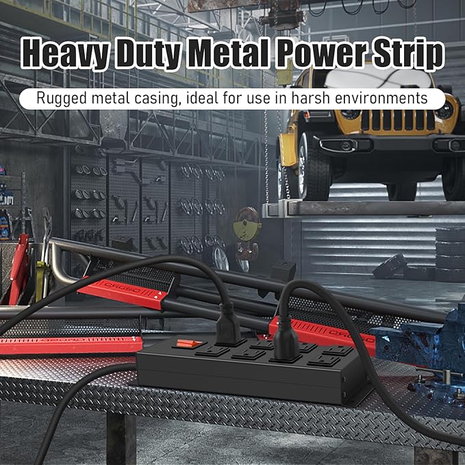 HHSOET Metal Magnetic Power Strip, 8 Outlet Mountable Socket, Wall Mount Heavy Duty Surge Protector, Catering for Your Every Need, Gaming Table Outlet with 6 FT Power Cord.(Black)