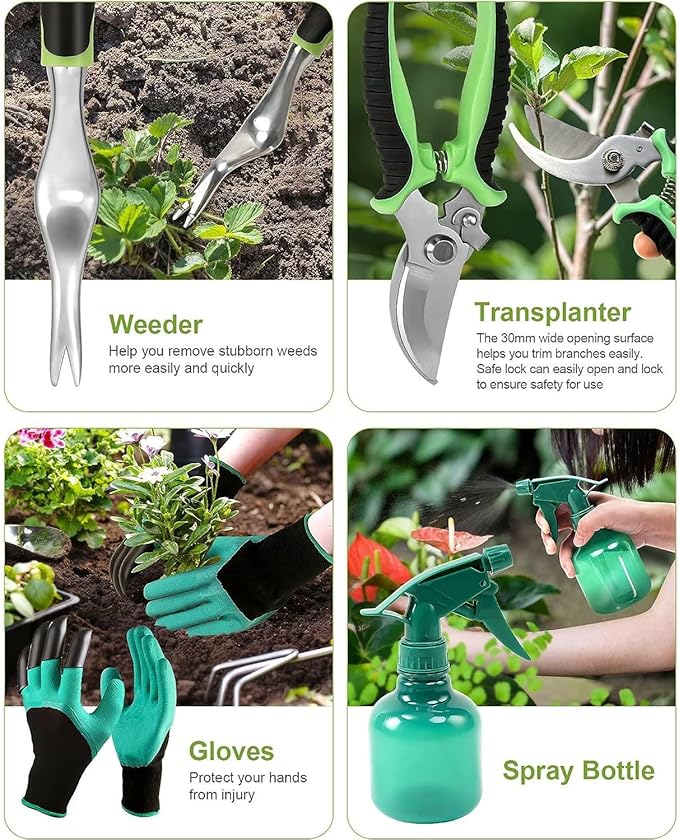 7-Piece Gardening Tools Set for Women, Heavy Duty Gardening Hand Tools, Outdoor Gardening Hand Tools with Non-Slip Green Rubber Handle. Indoor mini Gardening Potting Set (7) (Off-White)