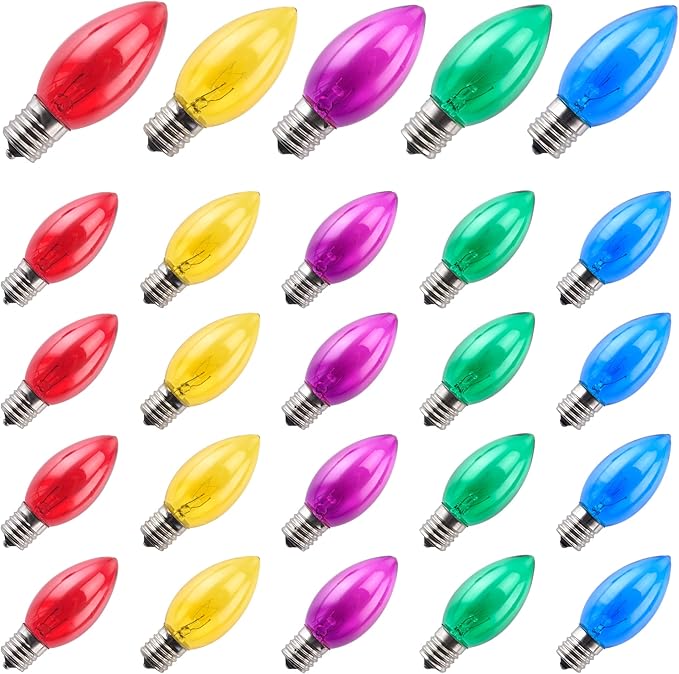 Colorful 25 Pack C9 Christmas Bulbs Replacement - Multicolor Incandescent Bulbs, Christmas Light Bulb for Holiday String Lights, Indoor/Outdoor Decorations, 7 Watt