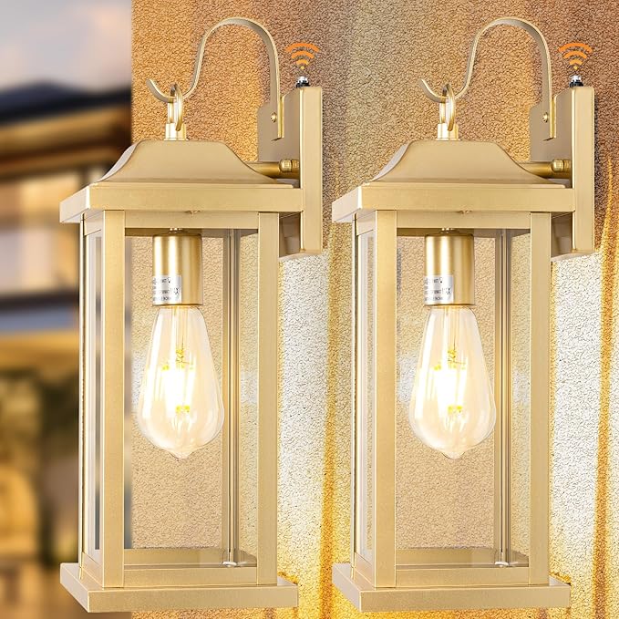 Large Gold Outdoor Sconces Dusk to Dawn 2-Pack, 17 Inch Large Porch Light Photocell Brass Outdoor Light Fixtures IP65 Waterproof with Clear Glass Outside Wall Lanterns Wall Mounted Lamps