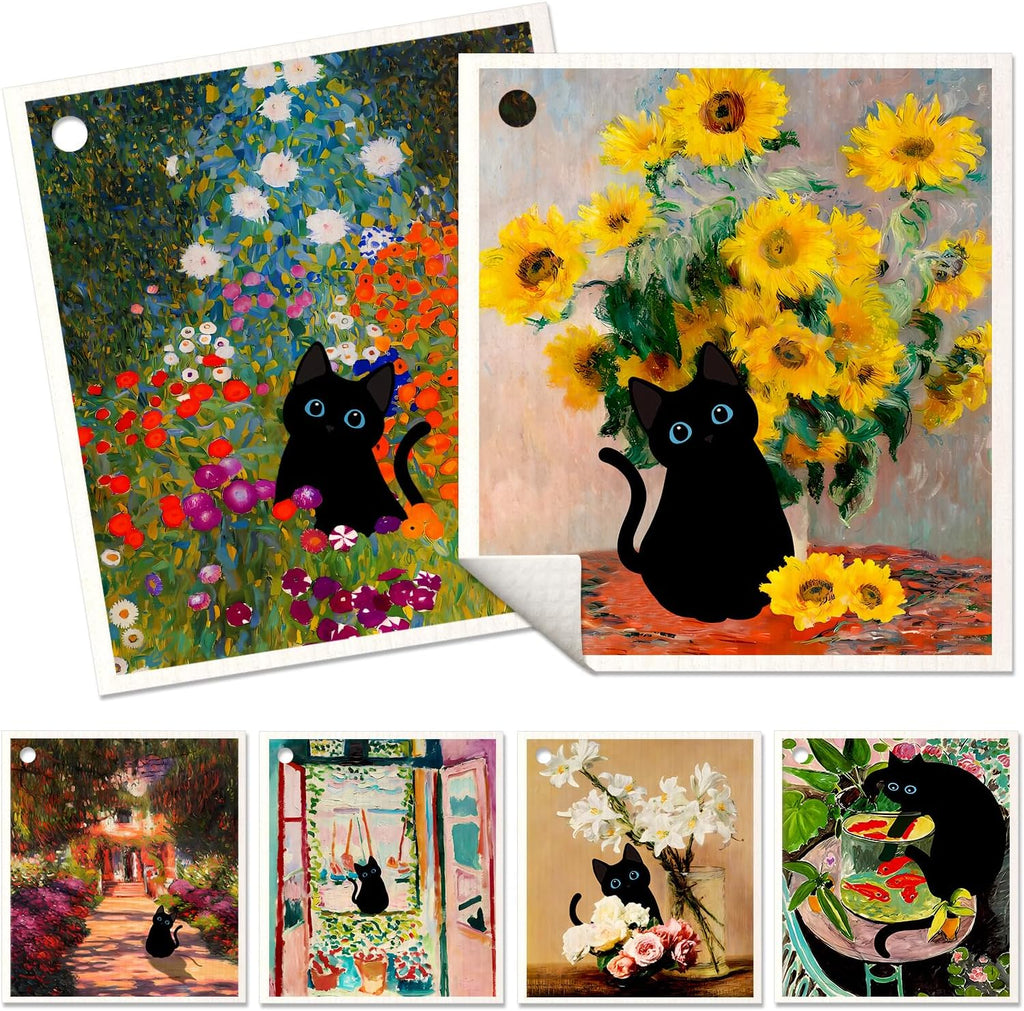 6 Pack Swedish Dishcloths for Kitchen - Reusable Dish Cloths for Washing Dishes Absorbent Cute Funny Kitchen Towels Cleaning Sponge, Floral Cat