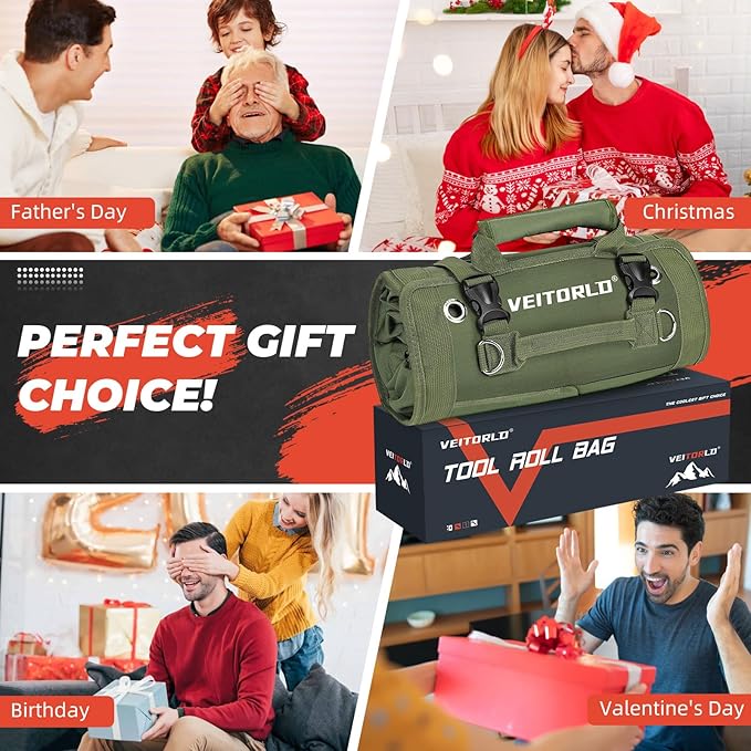 Roll Up Tool Bag, Gifts for Men Dad Husband Him Christmas, Mens Stocking Stuffers, Portable Tools Storage for Men, Heavy Duty Tool Organizer W/Detachable Pouches for Electrician Mechanic Carpenter