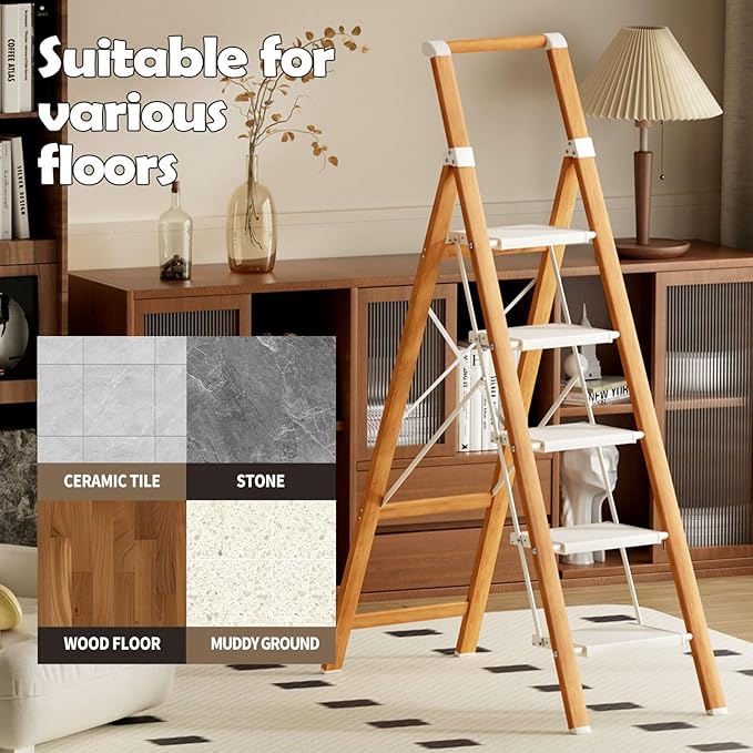 Taranta 5 Step Ladder, Portable Folding Ladder with Wide Pedal, Lightweight Aluminum Step Stool with Convenient Handgrip, 330 lbs Capacity Stepladder for Home, Office - White Woodgrain