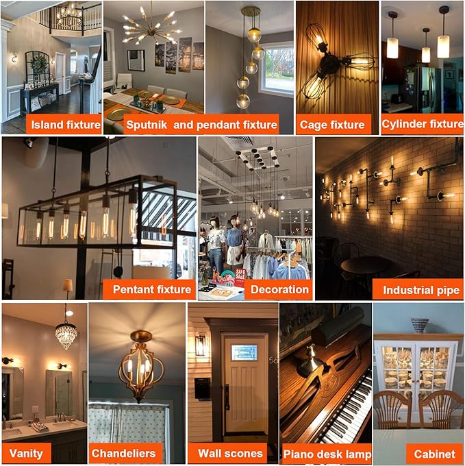 LiteHistory Dimmable E26 LED Bulb 4W Equal 40 Watt Warm White 2700K E26 Edison AC120V 400lm Tubular T9 T10 LED Light Bulb for Rustic Pendant,Chandeliers,Wall sconces 6Pack