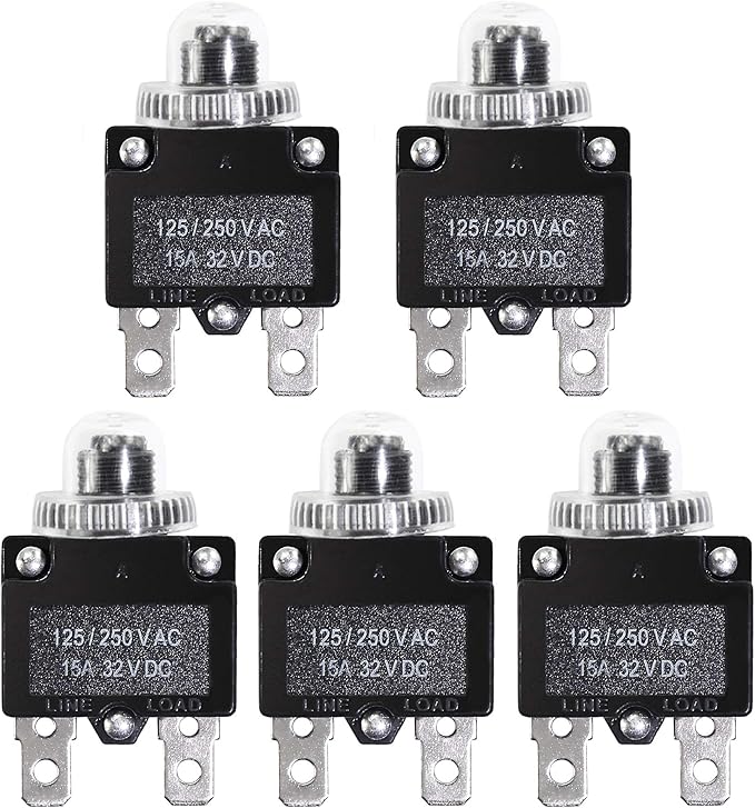 5PCS 15Amp Circuit Breakers with Push Button Reset 32VDC,AC125-250V with Quick Connect Terminals and Waterproof Button Cap