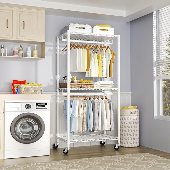 FUTASSI P1 Medium Heavy-Duty Portable Closet, 30" W x 14" D x 76" H, Metal Rolling Clothing Rack, White