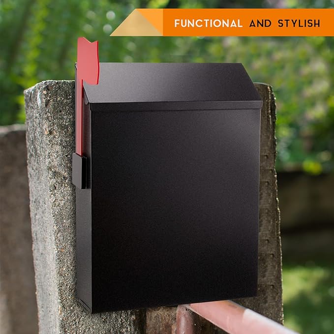 Tandefio 1 Pcs Wall Mount Mailbox with Red Mailbox Flag Reflective Sticker Keys Outdoor Steel Rustproof Lock Post Boxes Outdoor, 11.4 x 8.7 x 2.6 Inches, Black