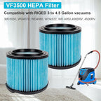VF3500 HEPA Filter Replacement for Ridgid Shop Vacuum 3/4/4.5 Gallon Wet Dry Portable Vacuums,3-Layer Filters for Ridgid WD3050, WD4070, WD4080, WD4522, WD 4050, 4000RV, 4500RV (2 PACK)